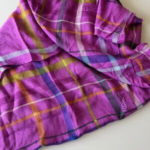 COACH SCARF VINTAGE LOGO PLAID ART MAUVE BLUE COTTON LONG WOMEN AUTHENTIC